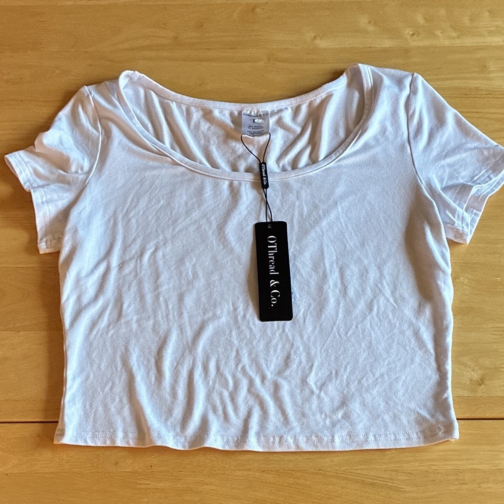 OThread & Co. White Scoop Neck Cropped Short Sleeve Jersey T-Shirt Women L NWT